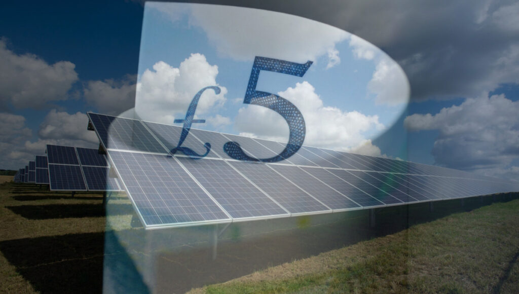 Solar panels with £5 note overlay: Financial Insights