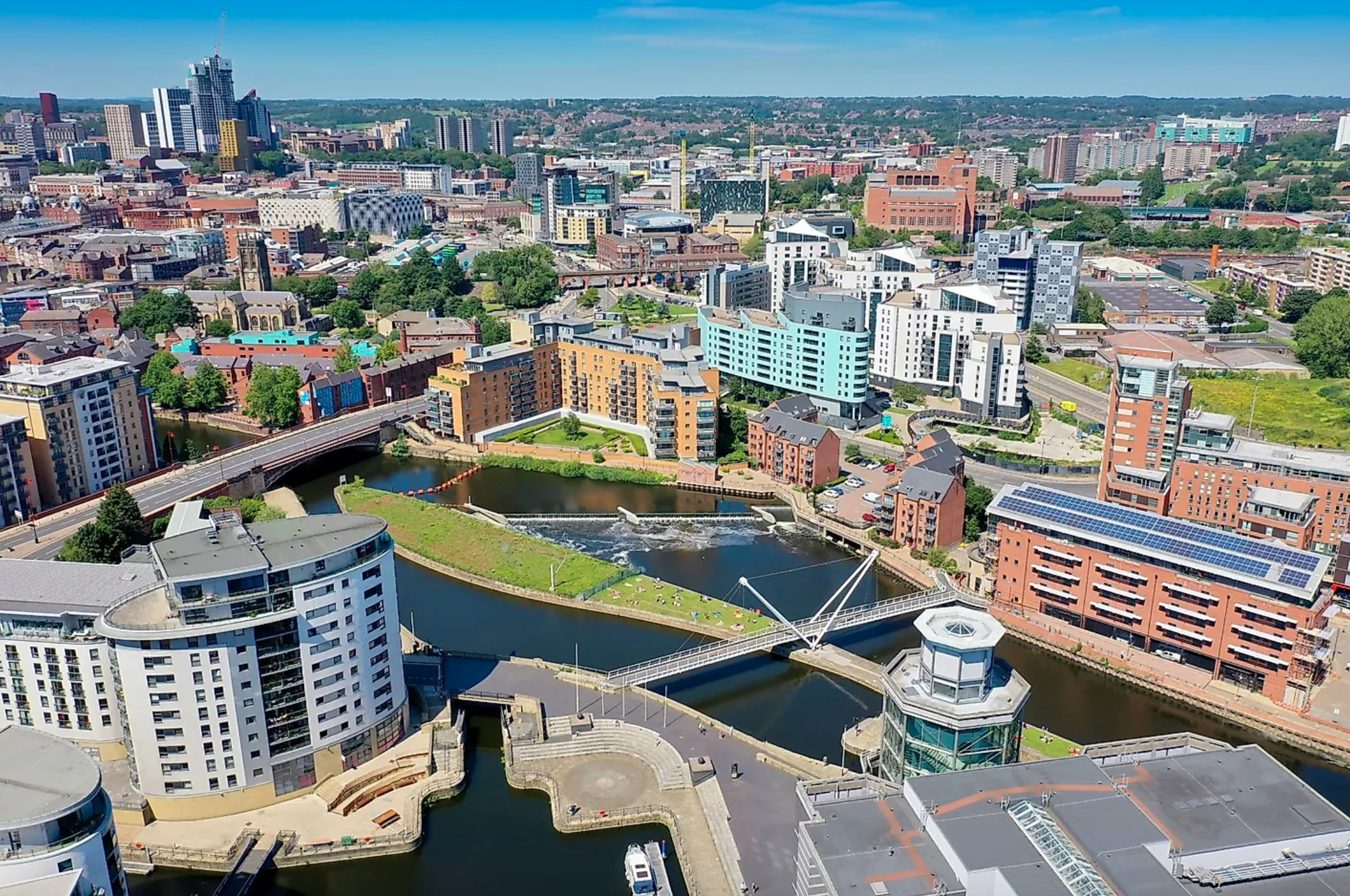 Aerial view of Leeds cityscape and buildings.