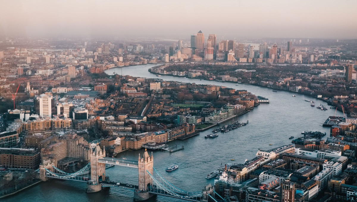 Aerial view of London and Tower Bridge.