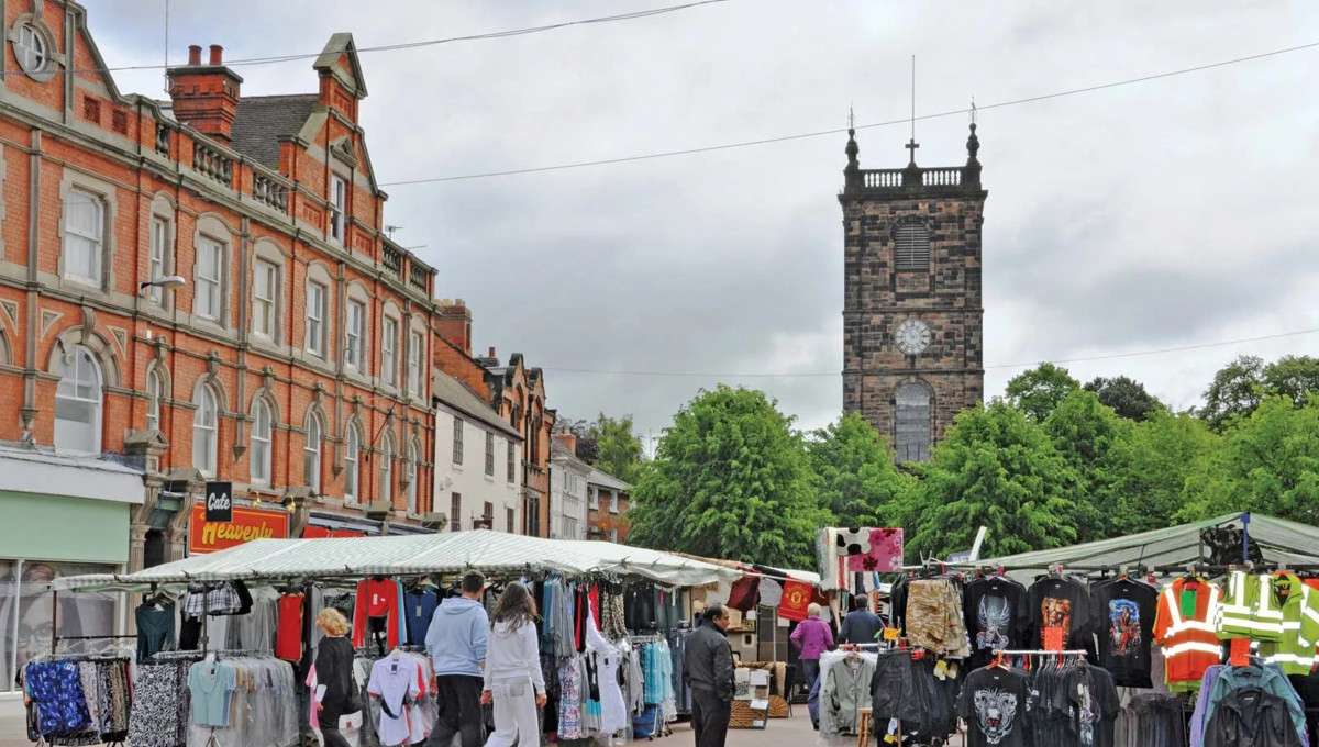 Outdoor market with clock tower